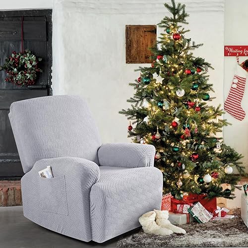 Vista 111 de KinCam Fundas para sillas reclinables, funda elástica y reclinable, fundas para sofá reclinable, fundas de sofá reclinable a rayas, fundas Gris
