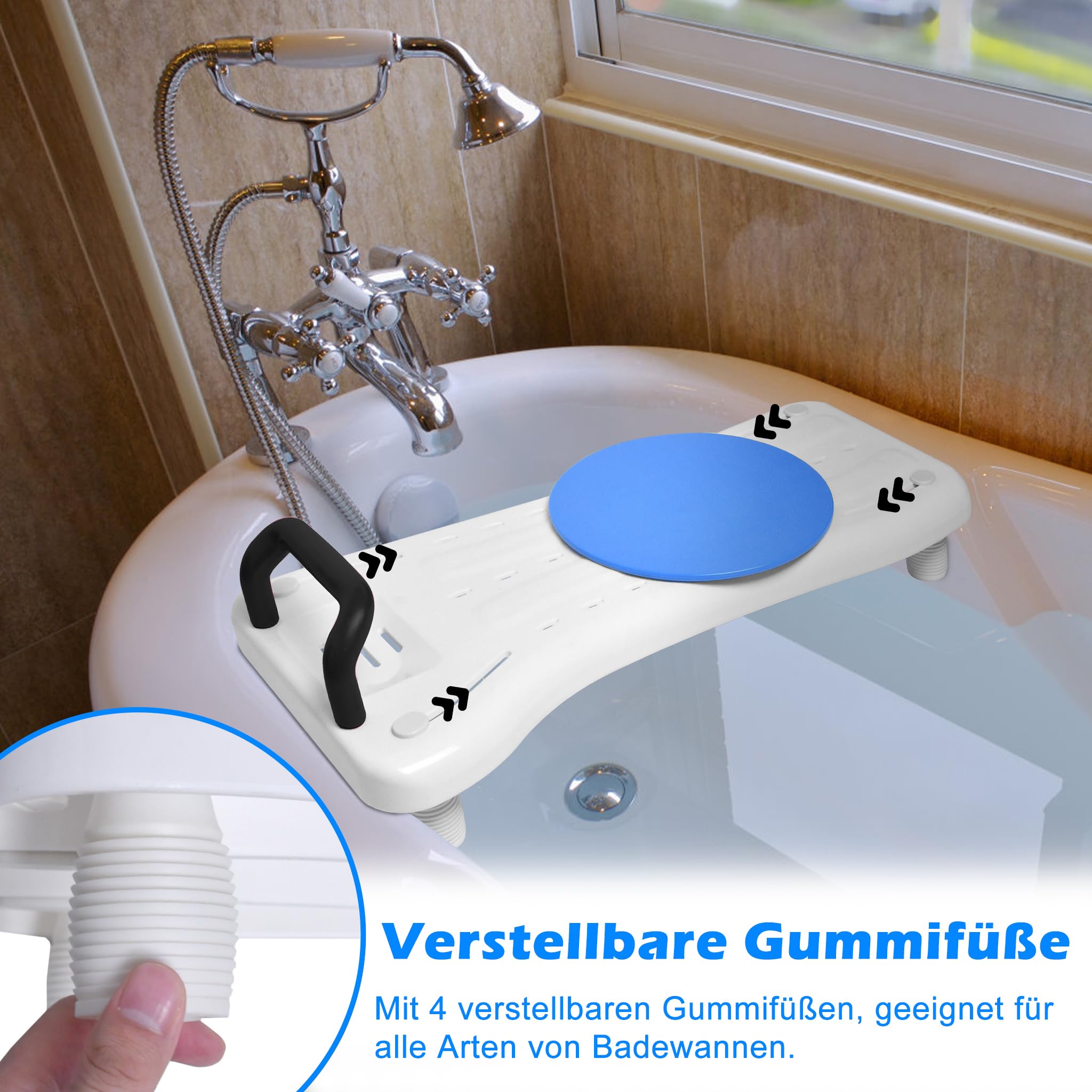 UISEBRT Badewannenbrett mit Drehscheibe Badewannensitz Senioren, Sitzbrett für Badewanne, Wannensitz mit Griff und Seifenablage, Länge 70 cm, Weiß und Schwarz