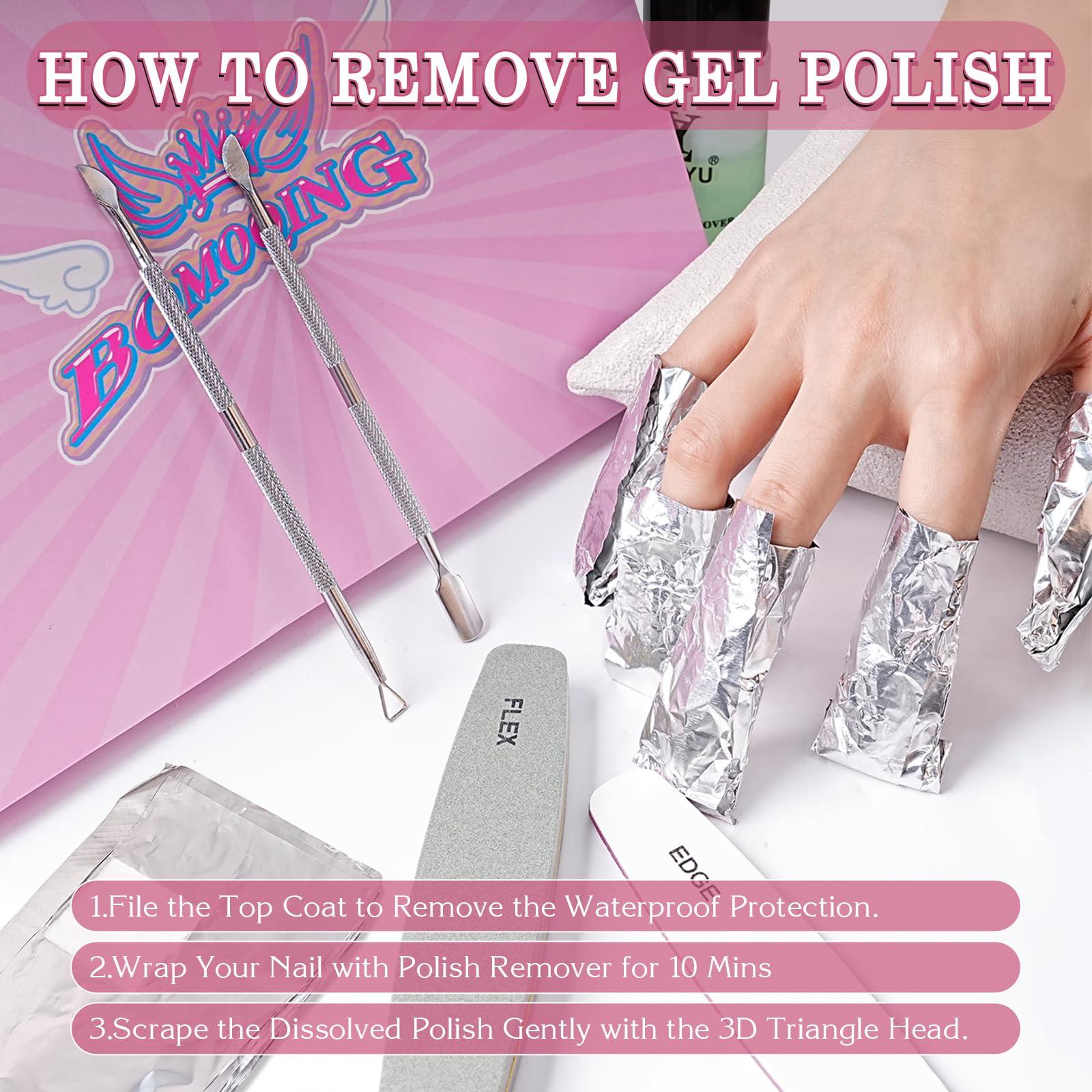 200 envolturas de uñas de aluminio para eliminación de polvo de inmersión acrílico, kit de removedor de esmalte de gel con 1 empujador de cutículas, 1 pelador triangular y 2 limas de uñas, 8