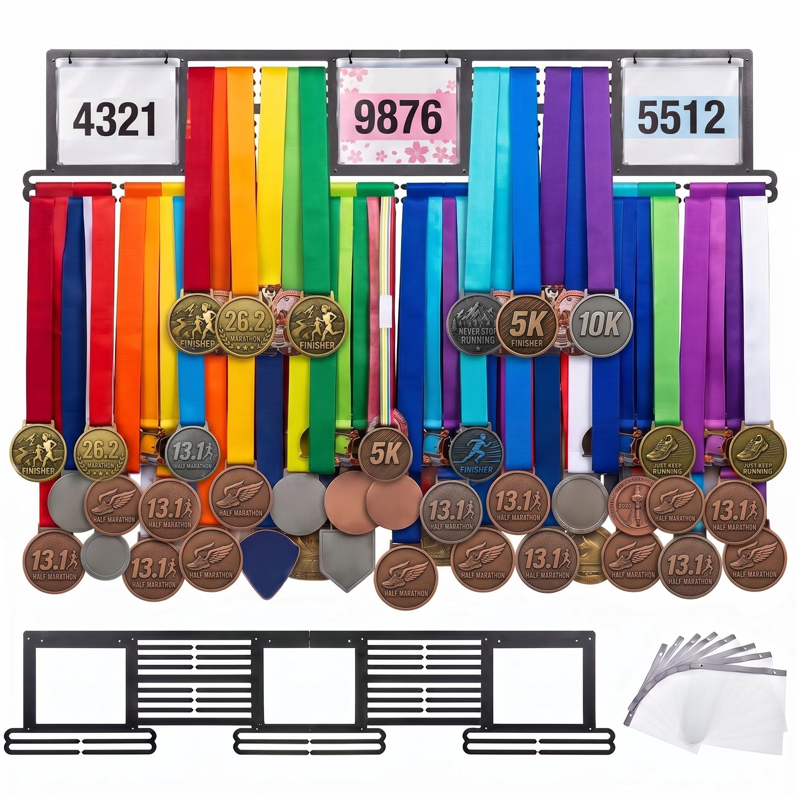 Shimeyao Extra großer Lätzchen- und Medaillenaufhänger, Metallständer, Wandmontage, Auszeichnungsständer für Läufer, zeigt über 150 Medaillen und 300 Rennlätzchen (140 x 29 cm, schwarz)