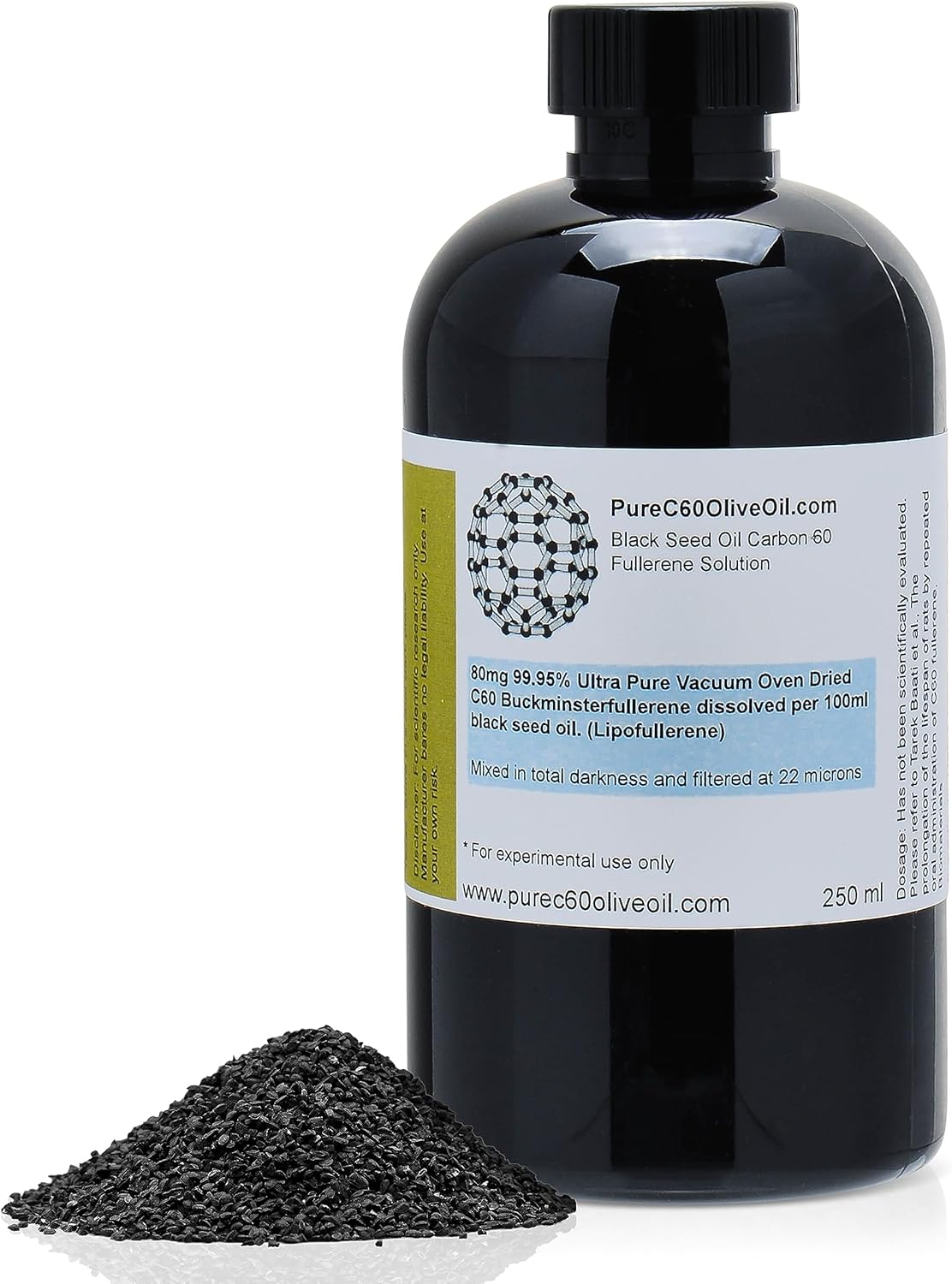 PureC60OliveOil C60 Black Seed Oil 250ml / 8.5 Fl Oz - 99.95% Carbon 60 Solvent Free 80mg - Amber Glass Bottle - Third Party Tested - Carbon 60 Black Seed Oil - from The Leading Global Producer