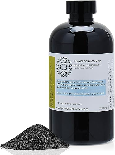 PureC60OliveOil C60 Aceite de semillas negras de 8.5 onzas líquidas - 99.95% de carbono 60 sin disolventes 80 mg - Botella de vidrio ámbar - Probado