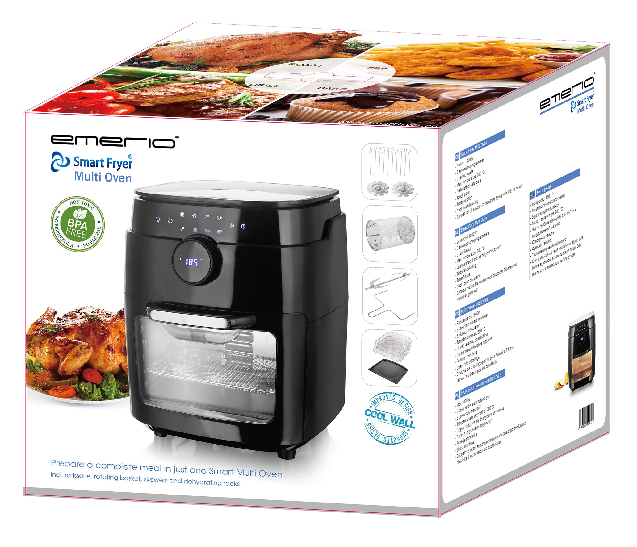 Emerio XXL-Heißluft-Fritteuse 13 Liter Airfryer BPA frei Smart Fryer Heißluft-Backofen Multi-Ofen mit Dreh-Spieß und Drehkorb Display Timer Dörrfunktion 1800 Watt AF-121914 schwarz