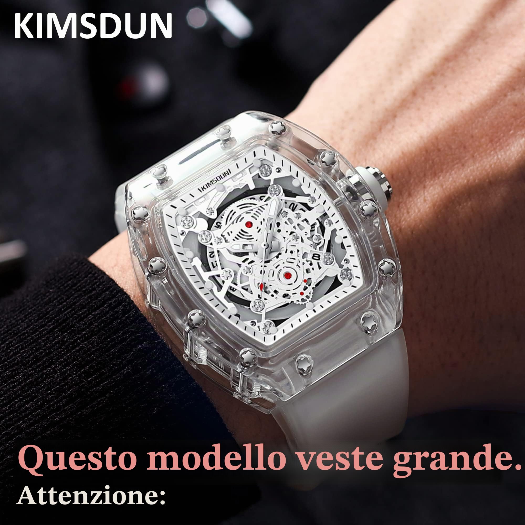 Elegante orologio sportivo con scheletro, impermeabile, analogico al quarzo, con data, calendario, cassa tonneau trasparente, cinturino in silicone per uomo unisex