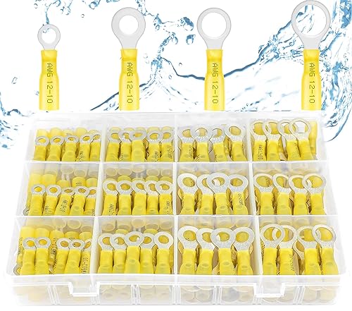 haisstronica Terminales de anillo, 100 conectores de anillo termorretráctil de grado marino, conectores de cable amarillo, cobre rojo estañado #10,