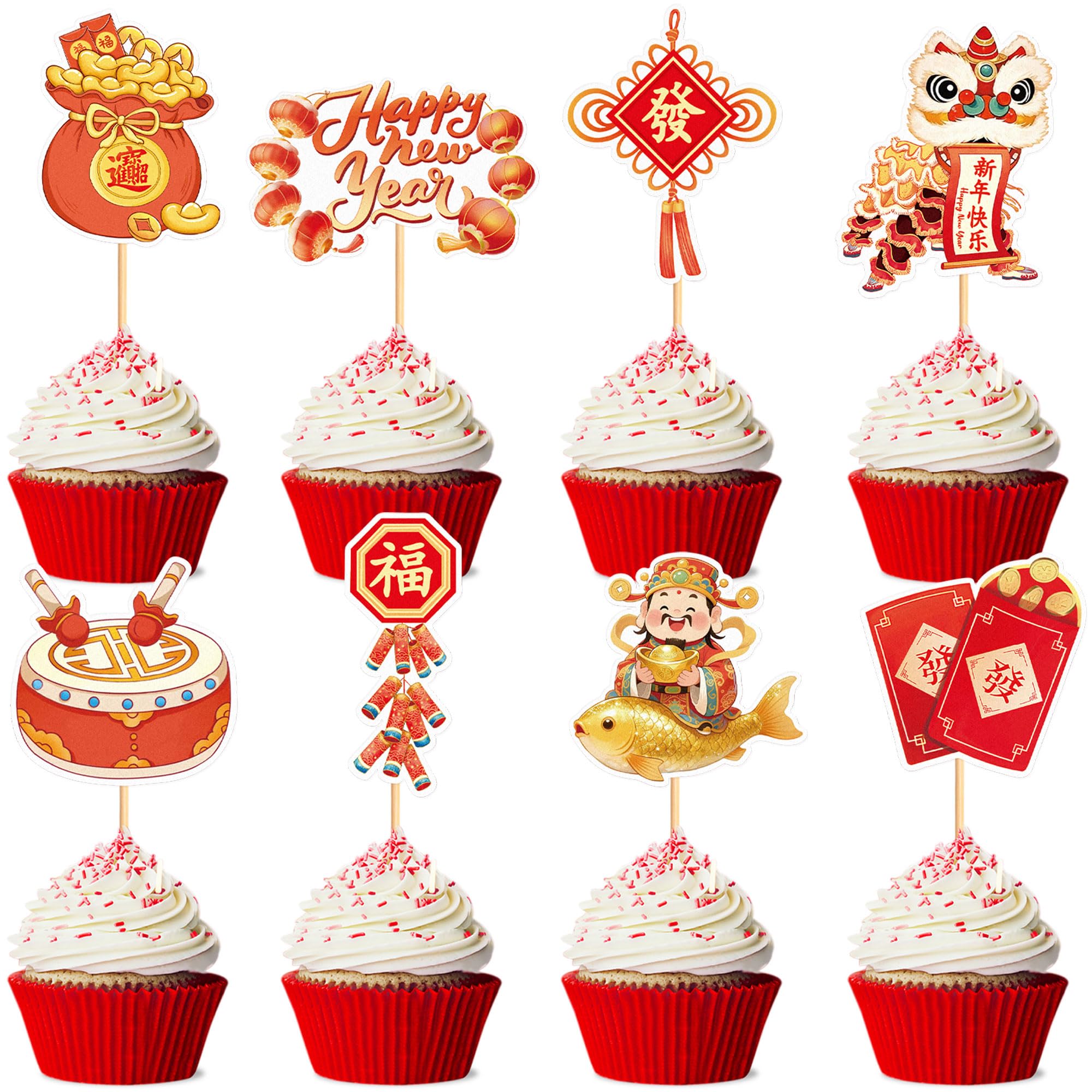Blumomon 32Pcs Happy New Year Cupcake Toppers 2026 Horse Year Cupcake Toppers Picks 2026 Celebration Party Decorations New Years Eve Holiday Decor Glitter Party Cupcake Decorations