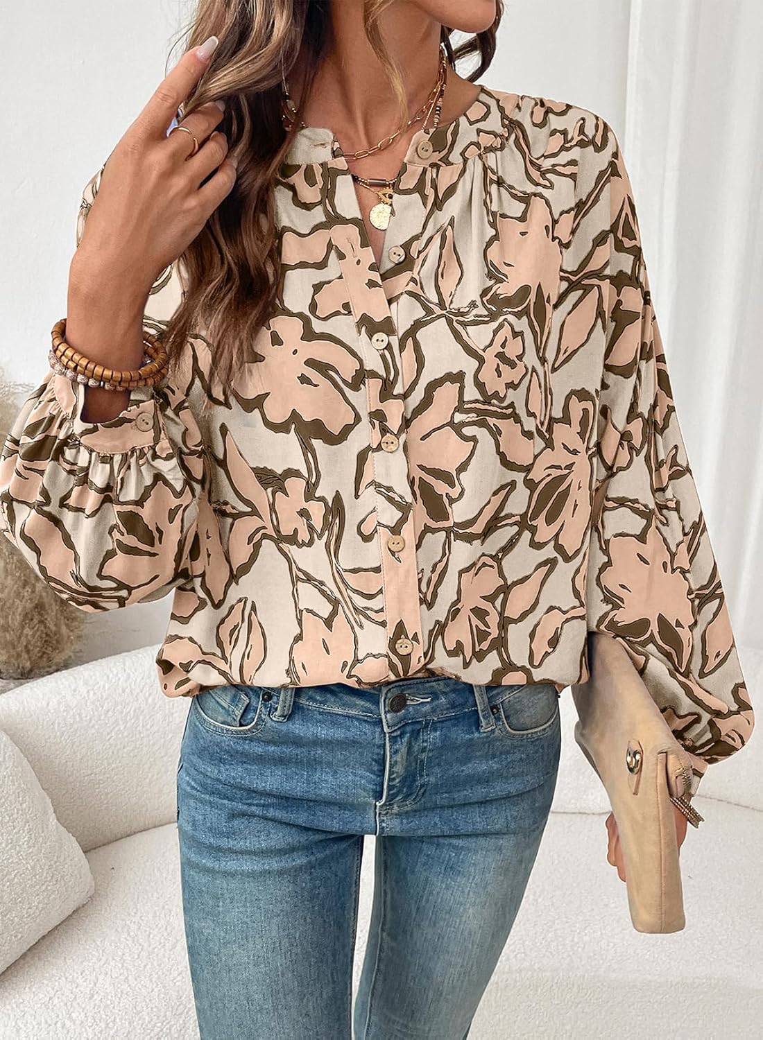 Astylish Womens 2026 Boho Floral Loose Spring Summer Tops Lantern Sleeve Flowy Blouses V Neck Button Down Shirts - Image 5
