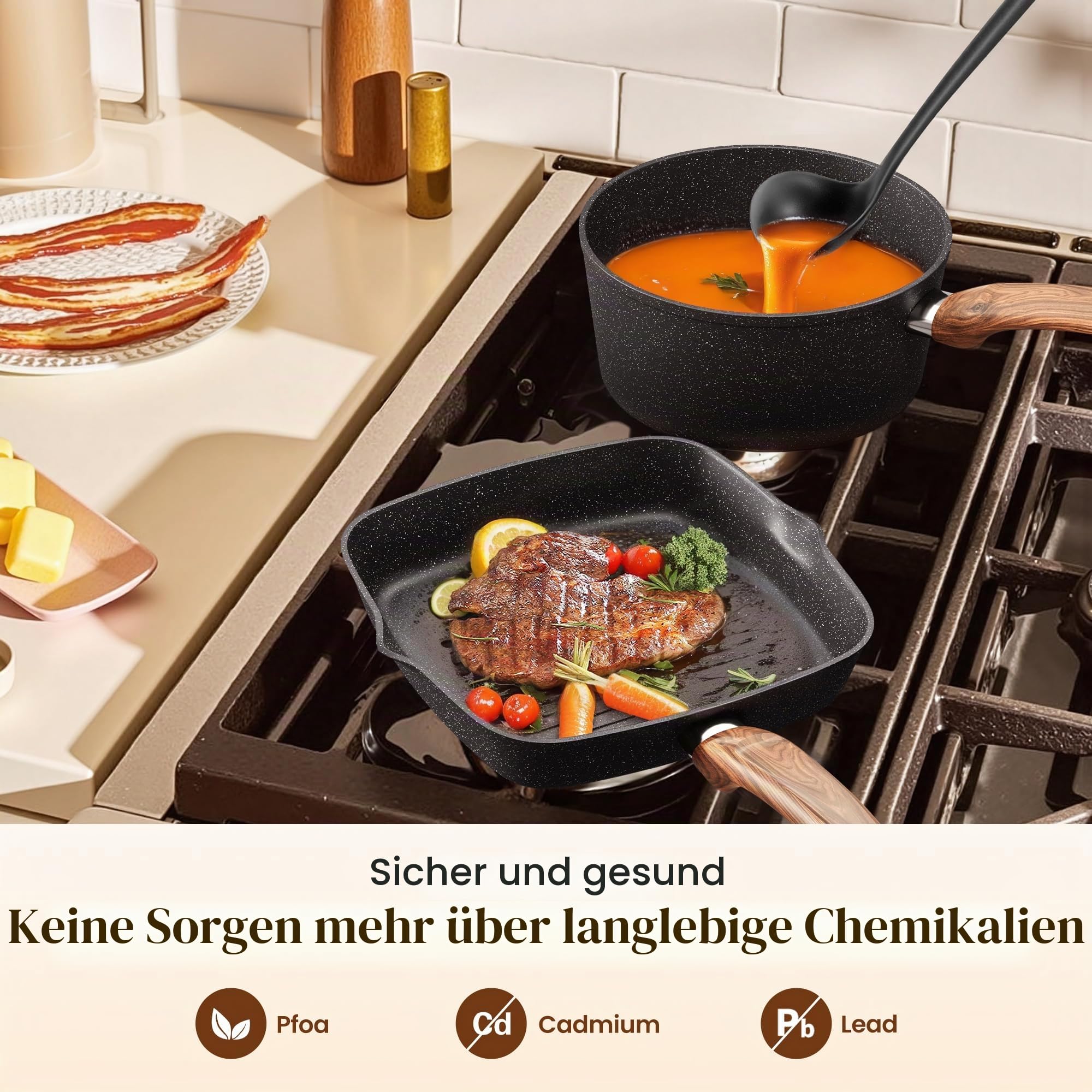Kitchen Academy 17-teiliges Topfset Induktion, Granit Topf und Pfannenset | Antihaft-Kochpfannen für Induktions-, Gas-, Elektroherd, ungiftig, PFOA- und PFOS-frei, Schwarz
