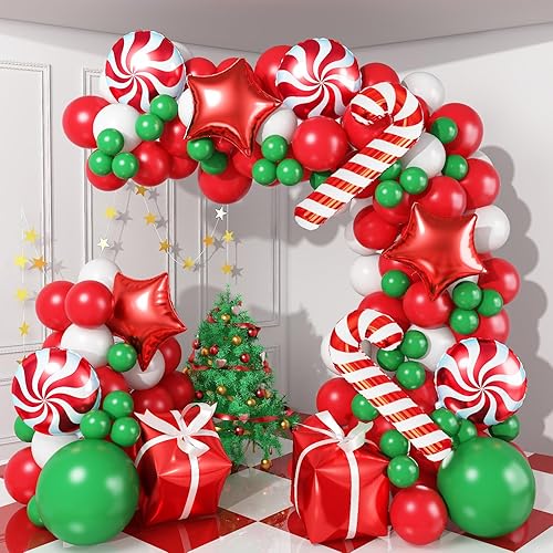 Kit de arco de guirnalda de globos rojos, verdes y blancos, globos de fiesta de Año Nuevo, 133 globos rojos, verdes y blancos con caja de regalo de