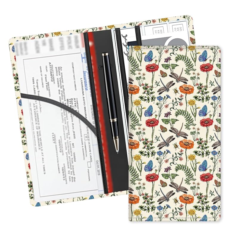 Porta-documentos automotivo em couro sintético ADUQLZUX para documentos, cartões e seguro, estampa de libélulas e flores