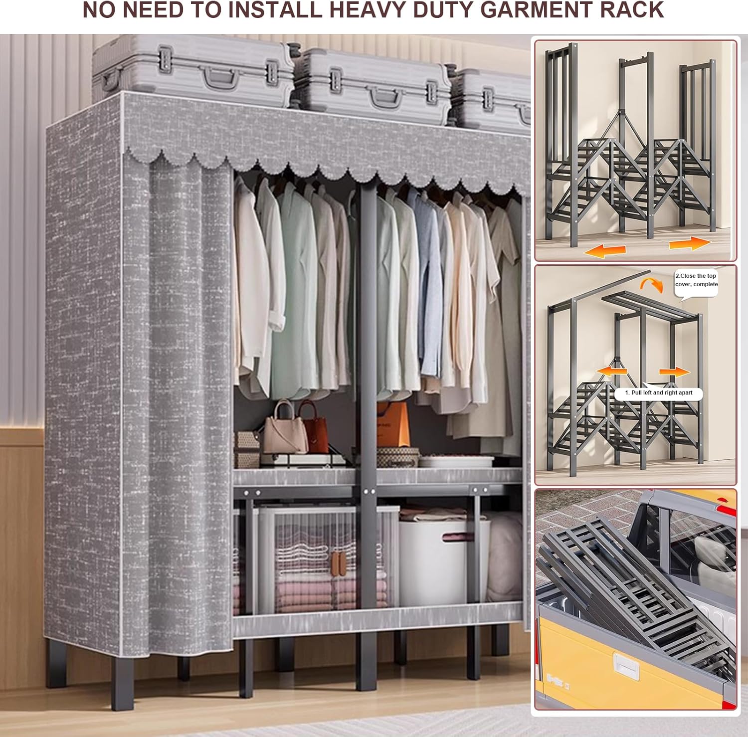 Foldable Portable Wardrobe Closet Large Heavy Duty Portable Covered Rack with Cover 1200lbs Freestanding Clothing Racks for Hanging Clothes Coat Storage Garment Racks for Bedroom (74.8in)