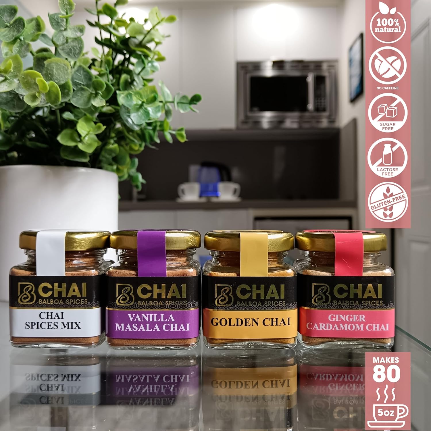 Balboa Spices Premium Chai Kit – 80 Cups – Classic Masala Chai – Sugar Free, Caffeine Free, Dairy Free – Vegan Keto Natural Powder – 4 Flavors in Glass Jars – Healthy Gift & Travel Set