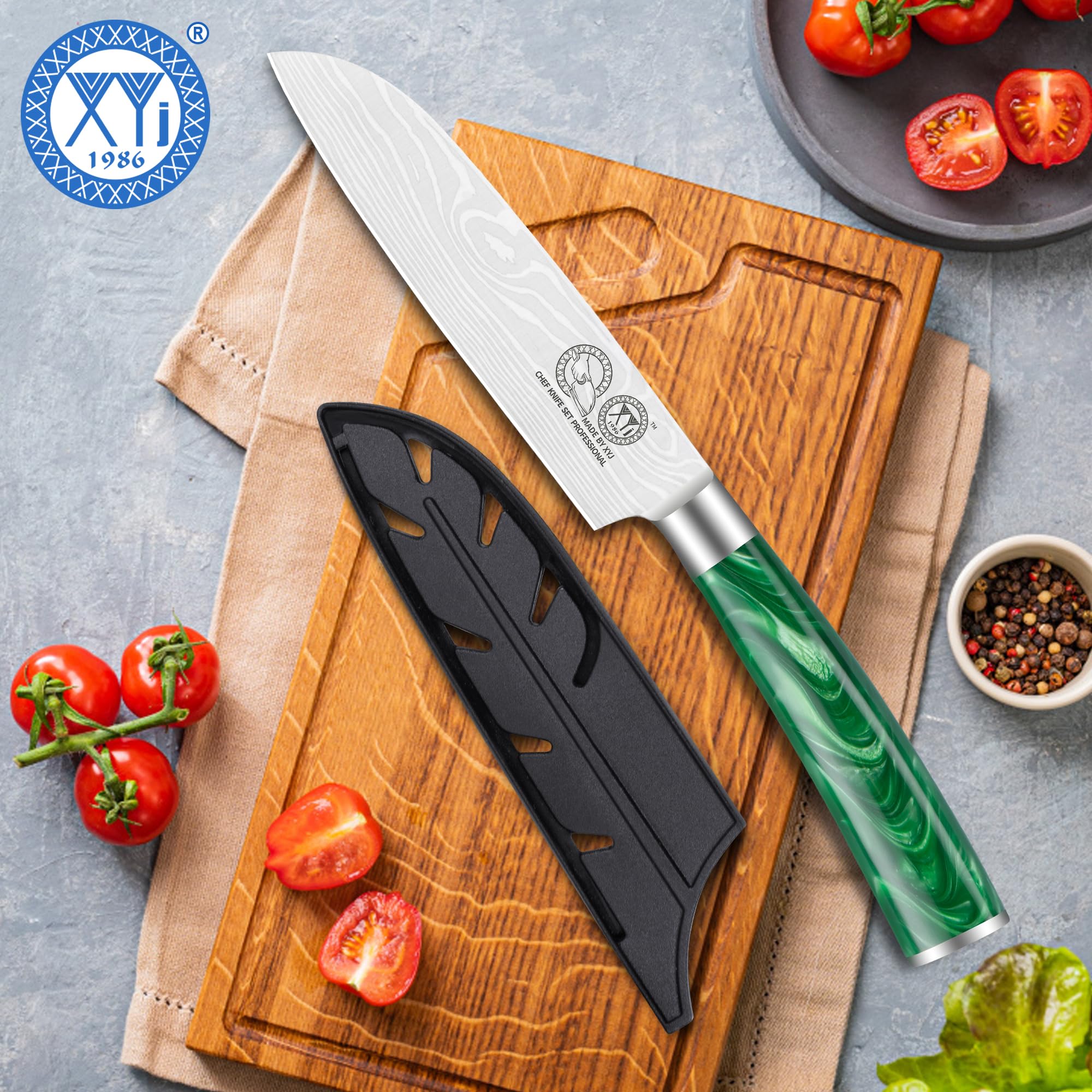 XYJ giapponese Santoku coltello in acciaio inox 5 pollici rasoio affilato coltello da cucina per frutta verdura, posate da cucina, coltello mannaia carne con copertura, manico in resina verde