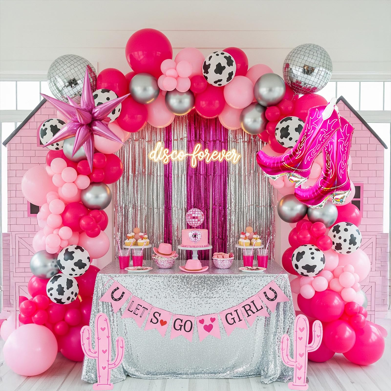 Cow Girl Balloon garland arch Kit 118PCS with Hot Pink Silver Cow print mylar Disco Ball Star boots Balloons for girl Pink birthday Princess Party