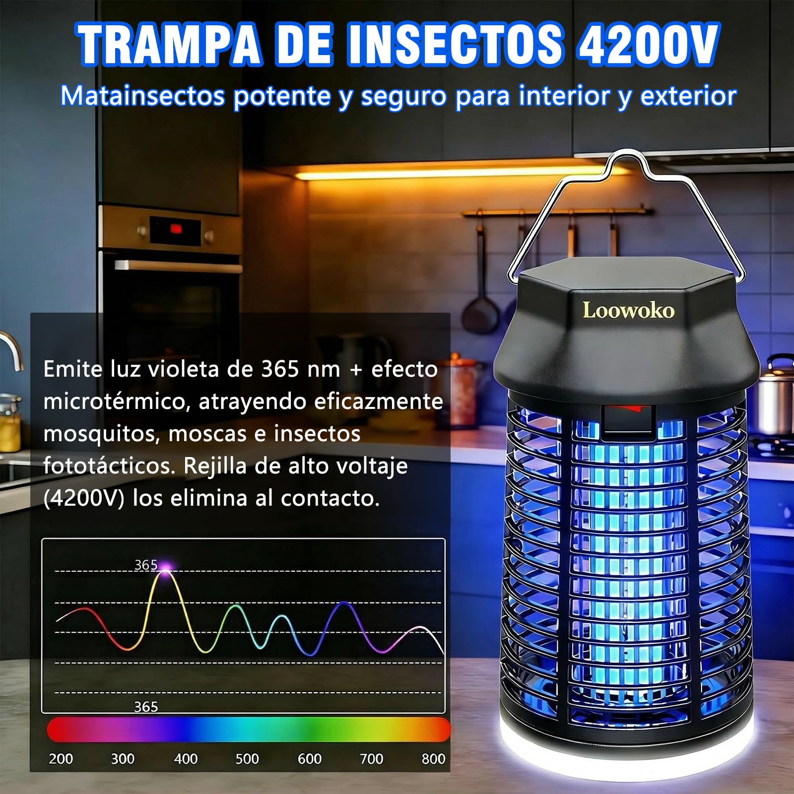 Loowoko Lampara Antimosquitos Electrico, 4200V Mata Mosquitos Electrico con Luz LED, Lampara Antimosquitos Exterior Interior