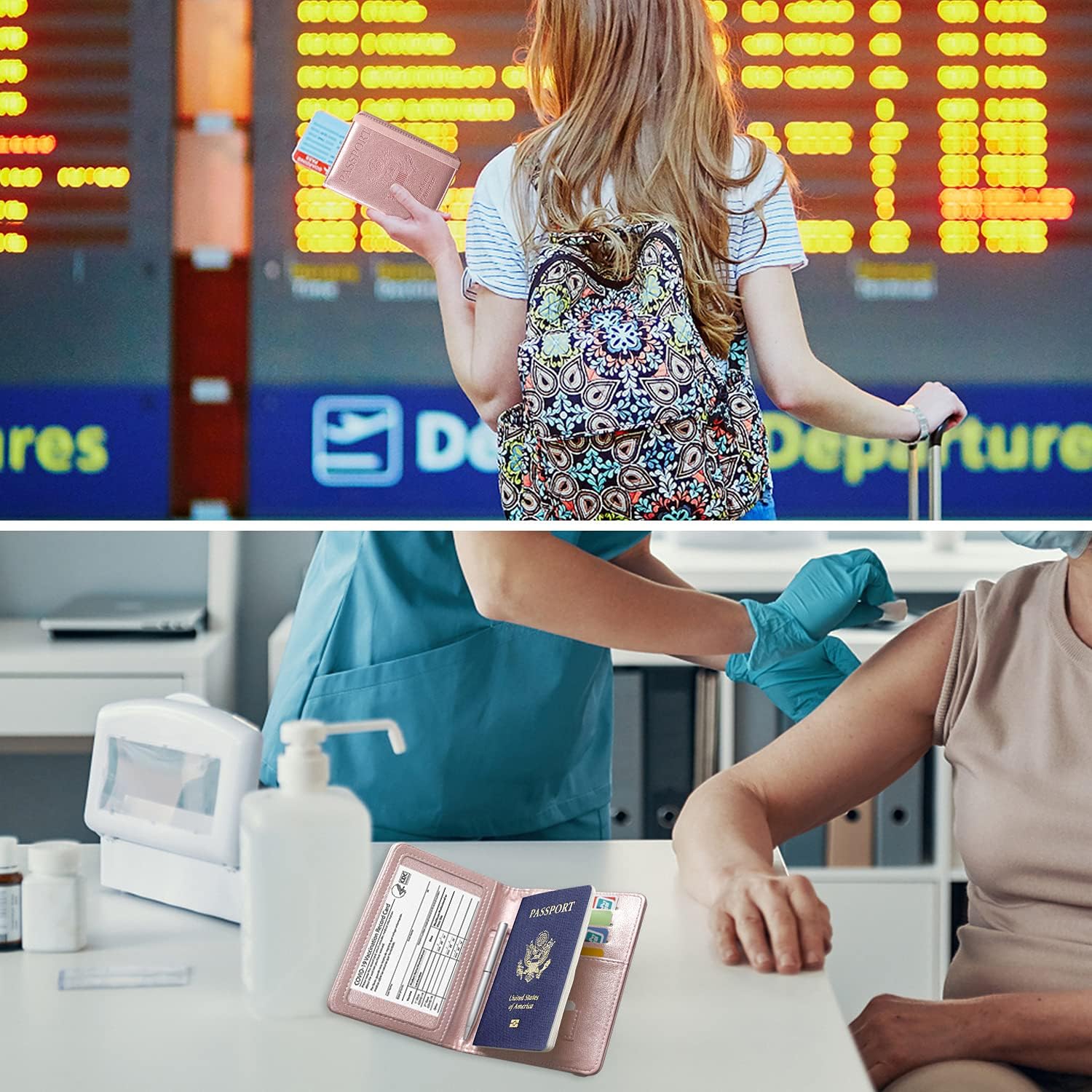  | ACdream Passport and Vaccine Card Holder Combo, Cover Case with CDC Vaccination Card Slot, Leather Travel Documents Organizer Protector, with RFID Blocking, for Women and Men, Rose Gold | Passport Covers