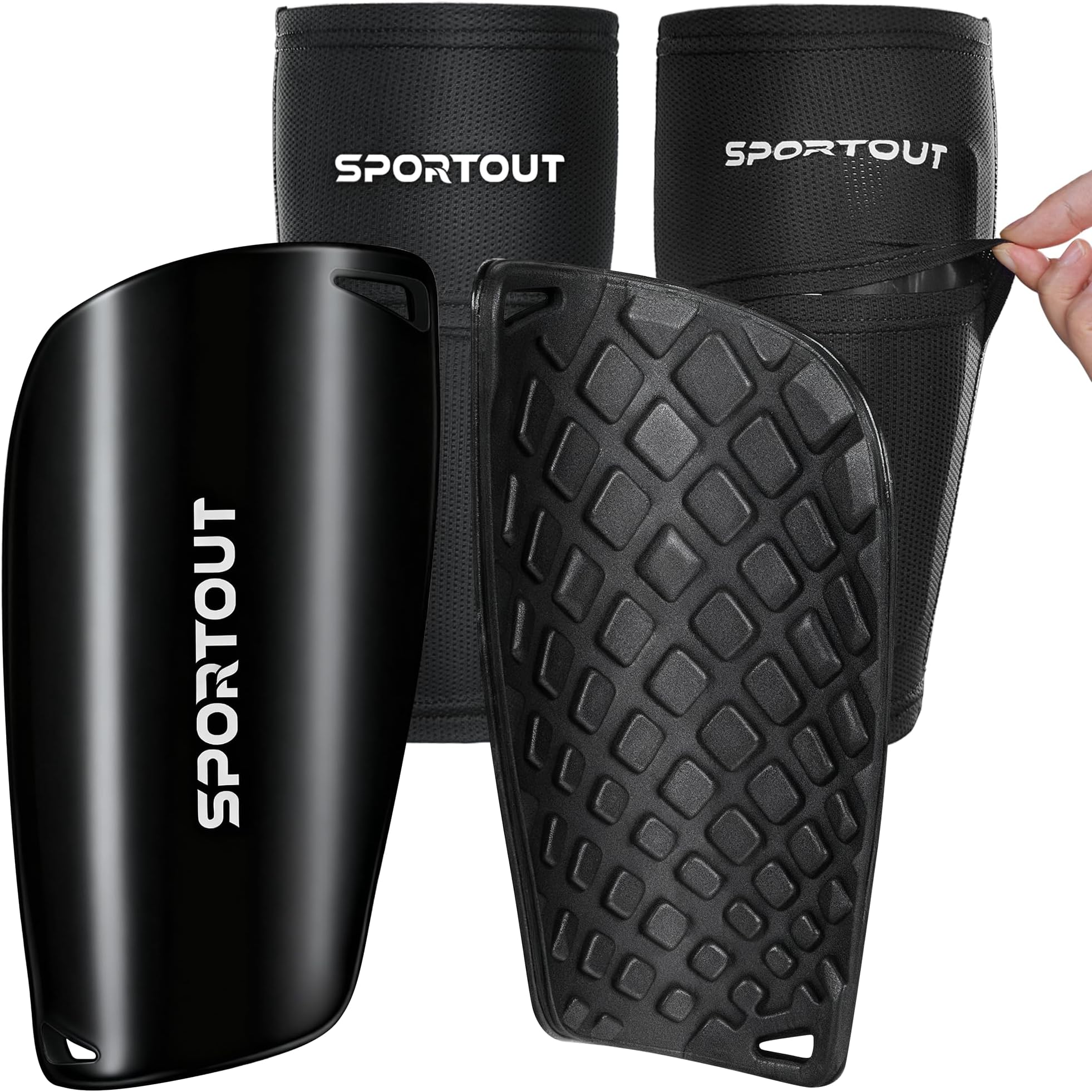 Sportout Soccer Shin Guards - Shin Guards Soccer Kids Youth Adult Protective Shin Pads with Sleeves and Insert Pocket for Boys Girls for Age 4-6, 6-8, 8-10,10-12,12-14,14-Adult