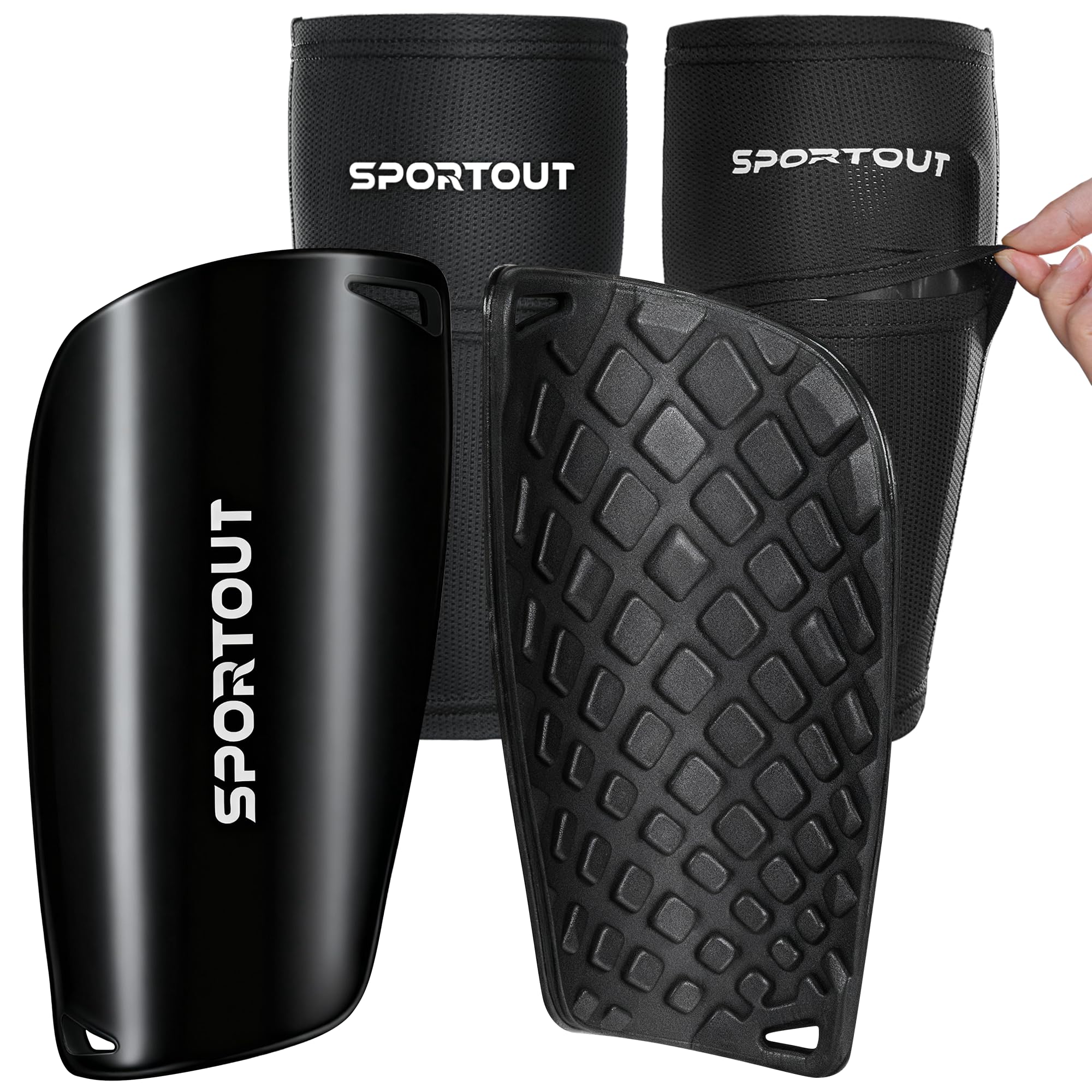 Sportout Soccer Shin Guards - Shin Guards Soccer Kids Youth Adult Protective Shin Pads with Sleeves and Insert Pocket for Boys Girls for Age 4-6, 6-8, 8-10,10-12,12-14,14-Adult