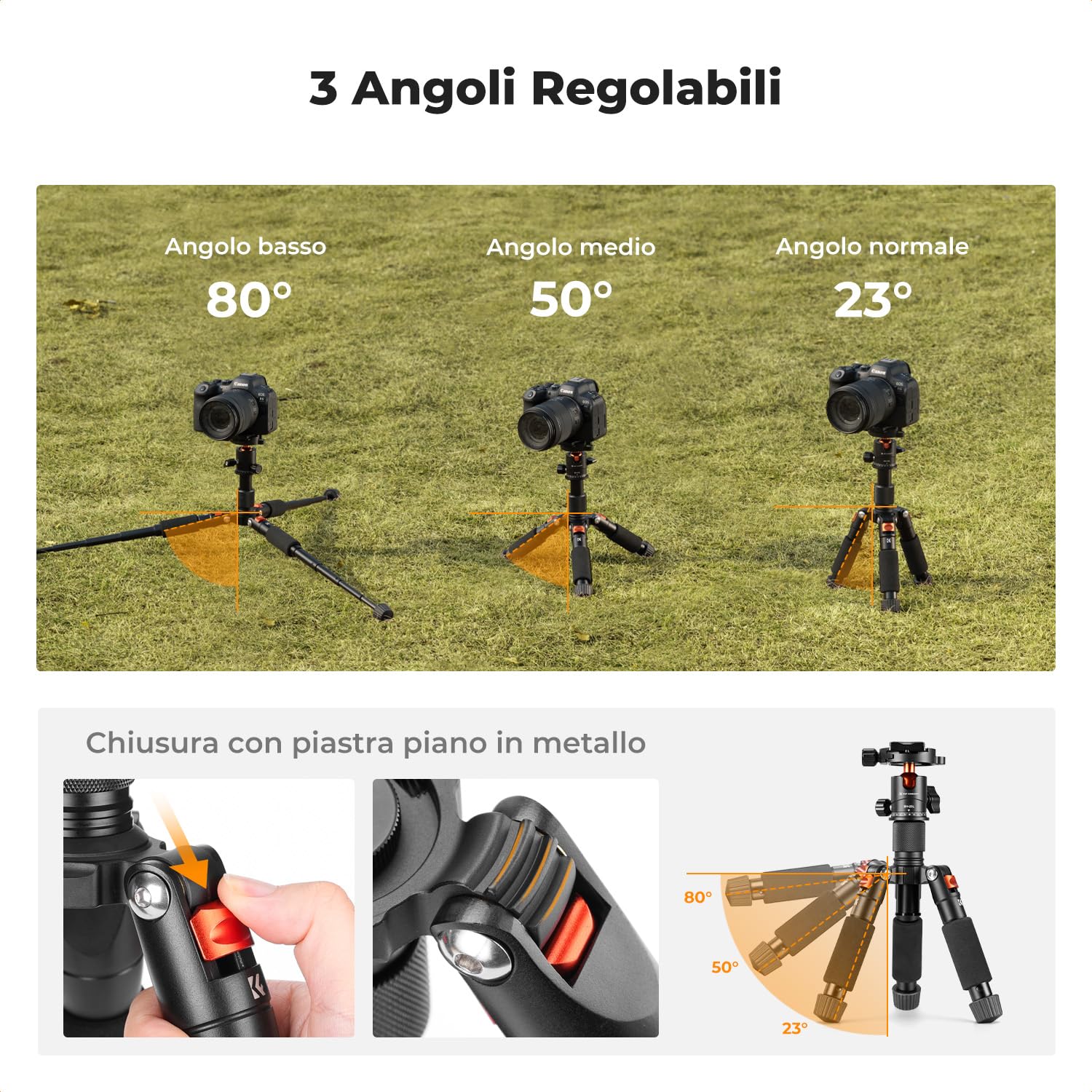 K&F CONCEPT Mini treppiede da tavolo portatile, Treppiede compatto per fotocamera e smartphone in alluminio da 52 cm con testa a sfera a 360°, Piastra rapida da 1/4" per DSLR ecc, capacità di 6 kg