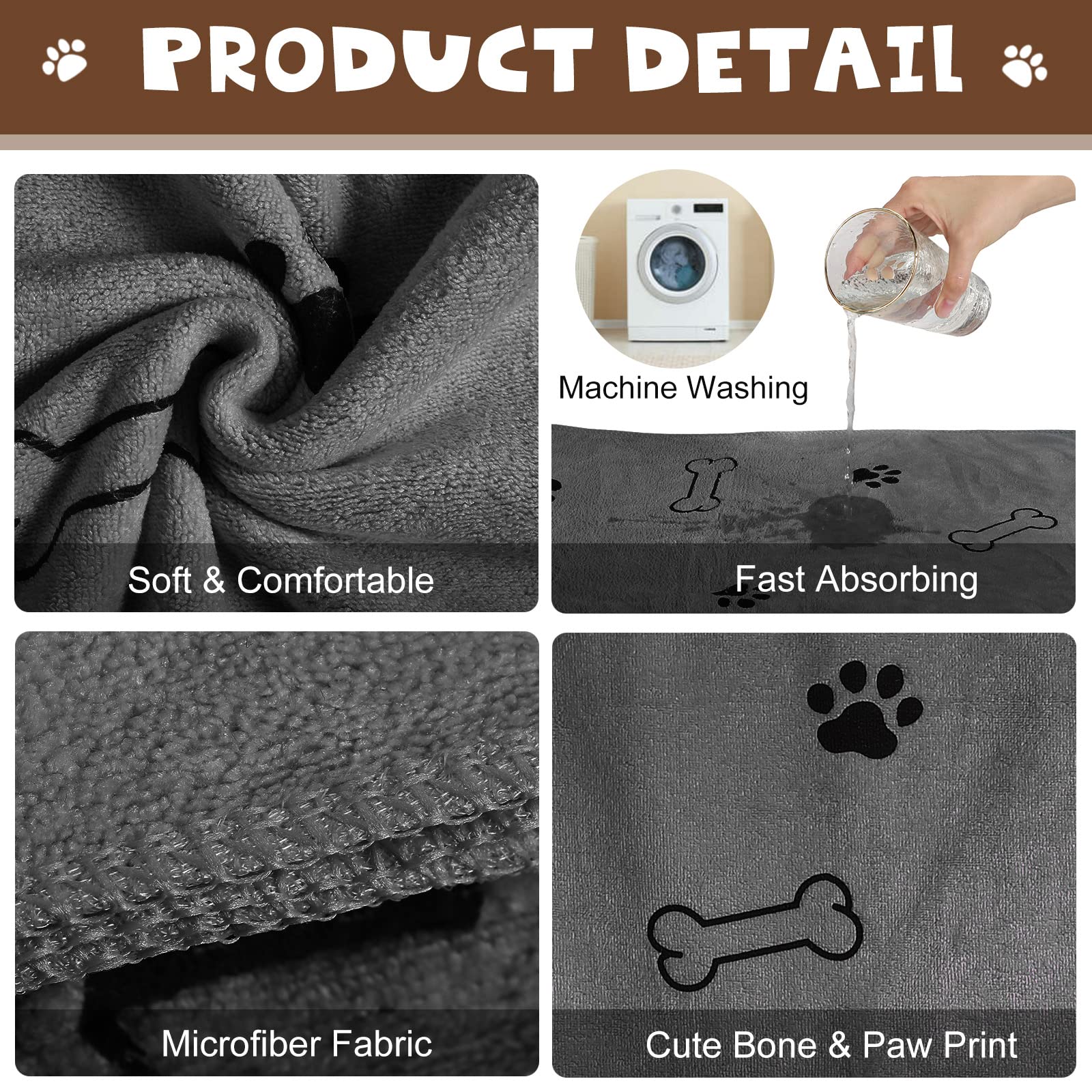 Chumia Lot de 4 Serviettes en Microfibre absorbantes pour Chien et Chiot - Fournitures de Bain à séchage Rapide pour Chats et Animaux domestiques de Taille Moyenne (61 x 101,6 cm, Gris)