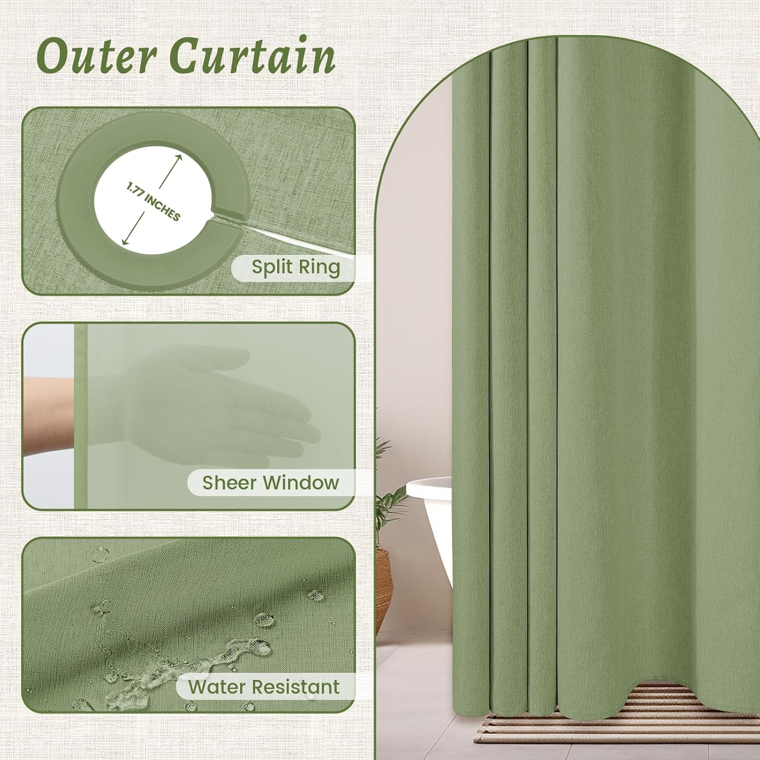 Extra Long No Hook Shower Curtain with Snap in Liner, Polyester Textured Shower Curtain with Liner Set, Waterproof Washable Hotel Style Shower Curtains for Bathroom, 71Wx86H, Sage Green