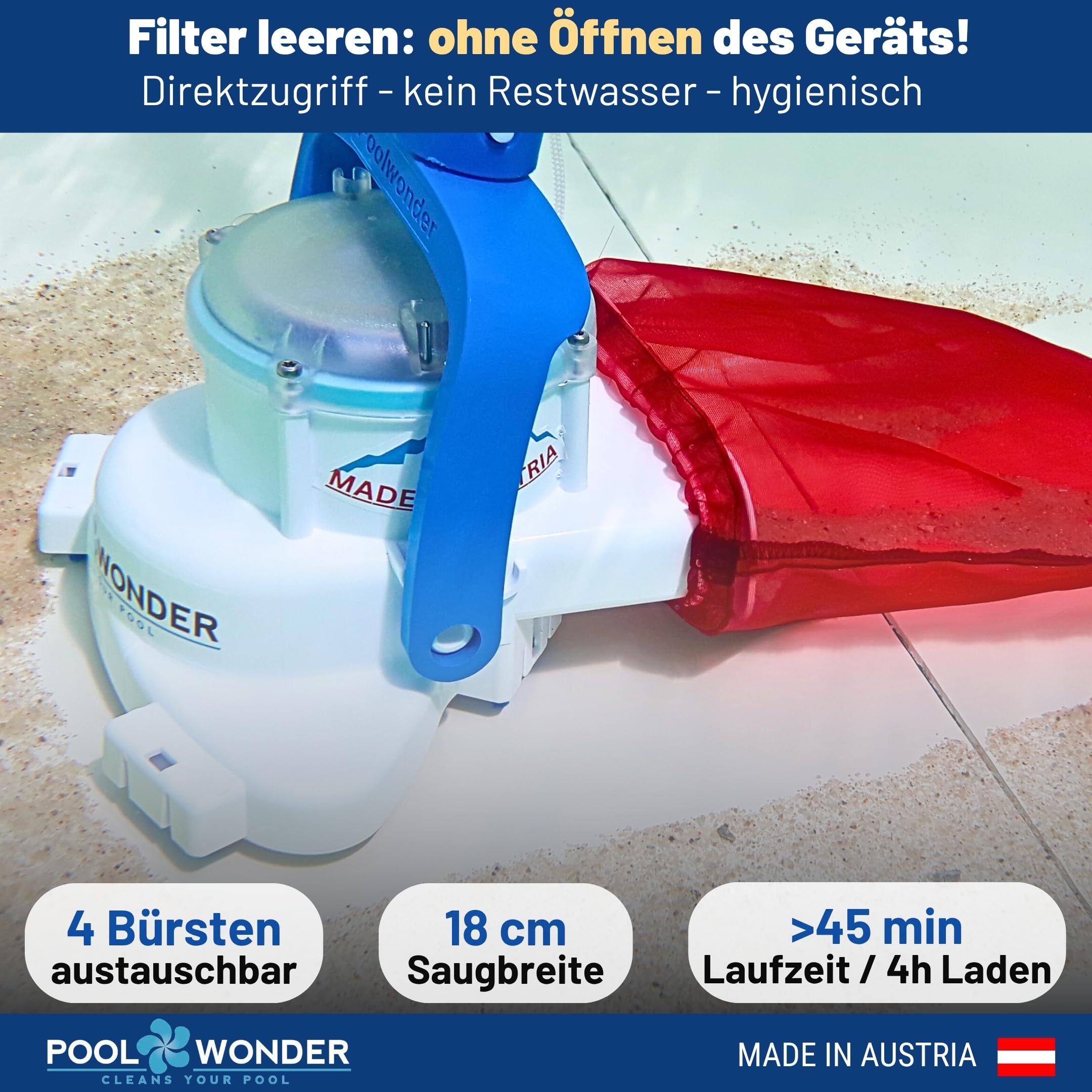 Poolwonder Cleverix Akku Poolsauger – Made in Austria, superleicht & handlich, kabelloser Unterwasser-Sauger zur Reinigung Kleiner Pools, Whirlpools & Aufstellbecken, einfachste Filterentleerung