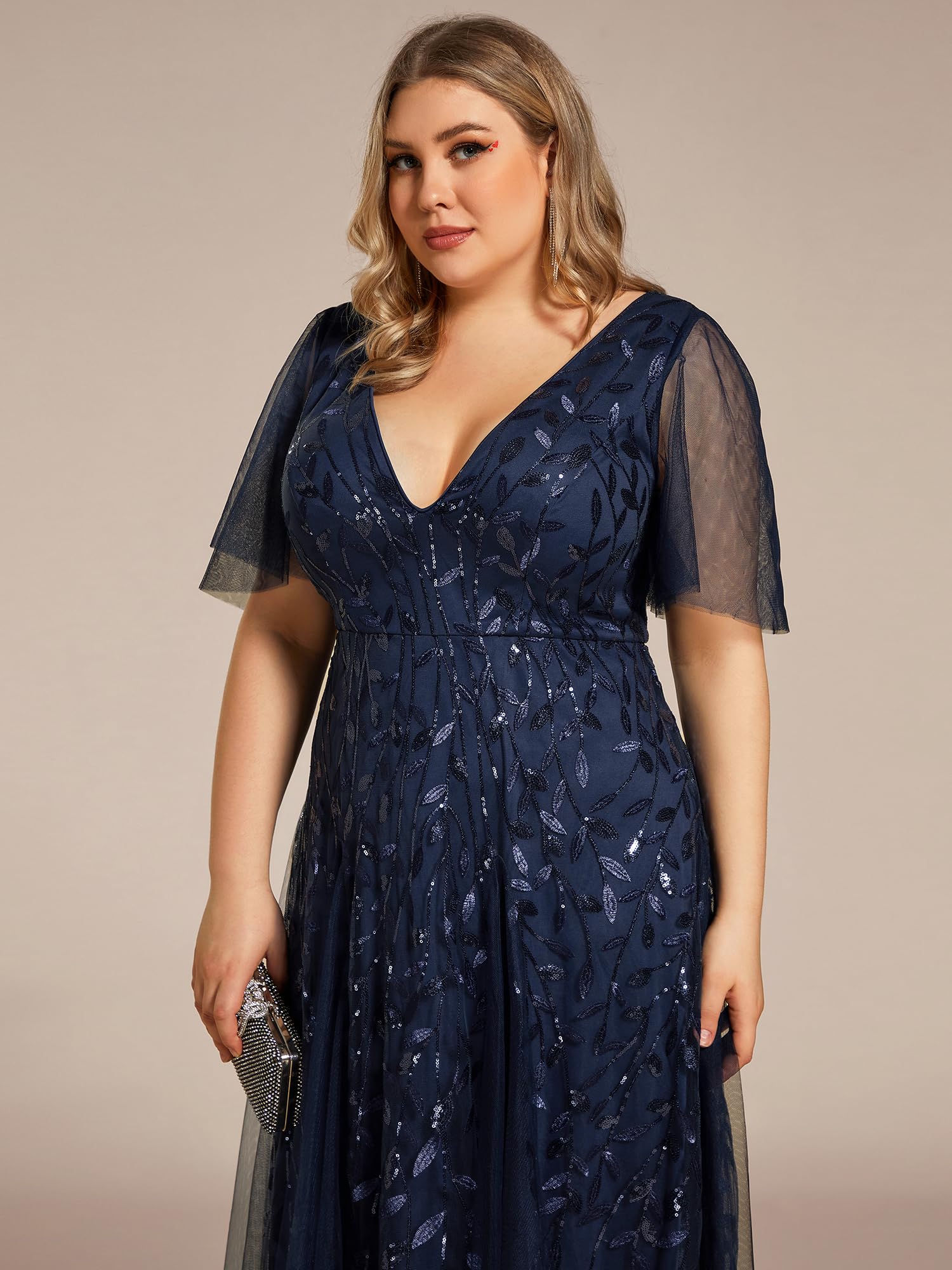 Ever-Pretty Abito formale da donna taglie forti con scollo a V una linea in tulle con paillettes 0734-DA, Blu navy, 56
