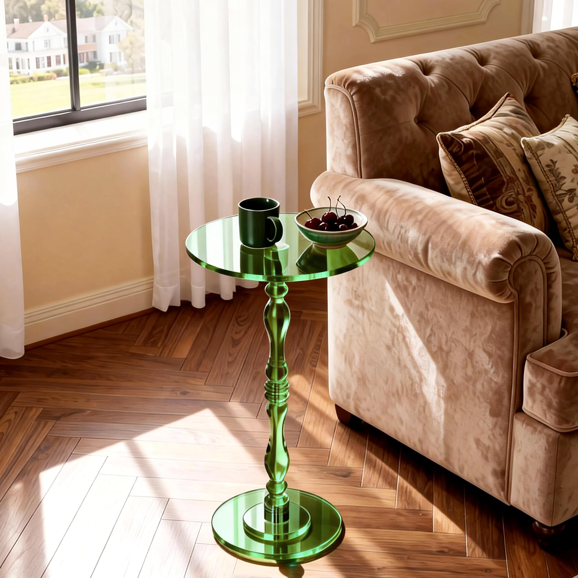 Tavolino da Salotto Rotondo in Acrilico, Piccolo Trasparente con Base Decorativa, 30 x 30 x 58 cm (Verde)