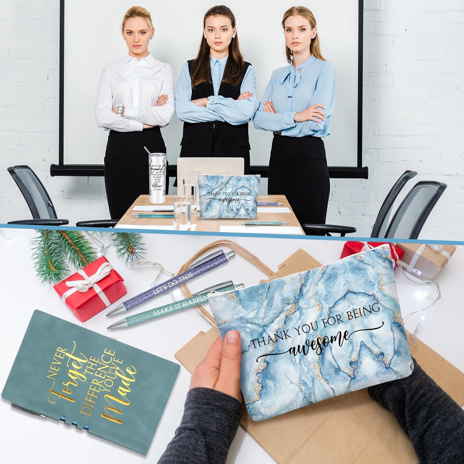 Domensi 6 Pcs Employee Appreciation Gift Set for Women Female Thank You Gift May You Be Proud 20 oz Rustic Marble Sign Tumbler Makeup Bag Journal for Nurse Lady Work Business(Blue) - Image 6