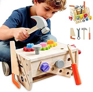 32 PCS Wooden Toddler Tool Set with Box, Montessori STEM Educational Pretend Play Construction Toy, Fine Motor Skills Learning Gift for 2 3 4 5 6 Year Old Boys