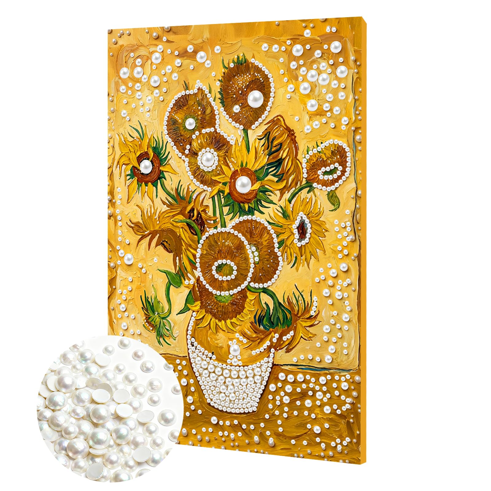DIY Pearl Painting Kit with Wooden Frame, 3D Plastic Pearl Gemstone Ocean Art Craft for Adults Beginners, Diamond Dot Painting, Home Wall Decor Ready Gift for Women(Sunflower Vase)(20 * 30cm)