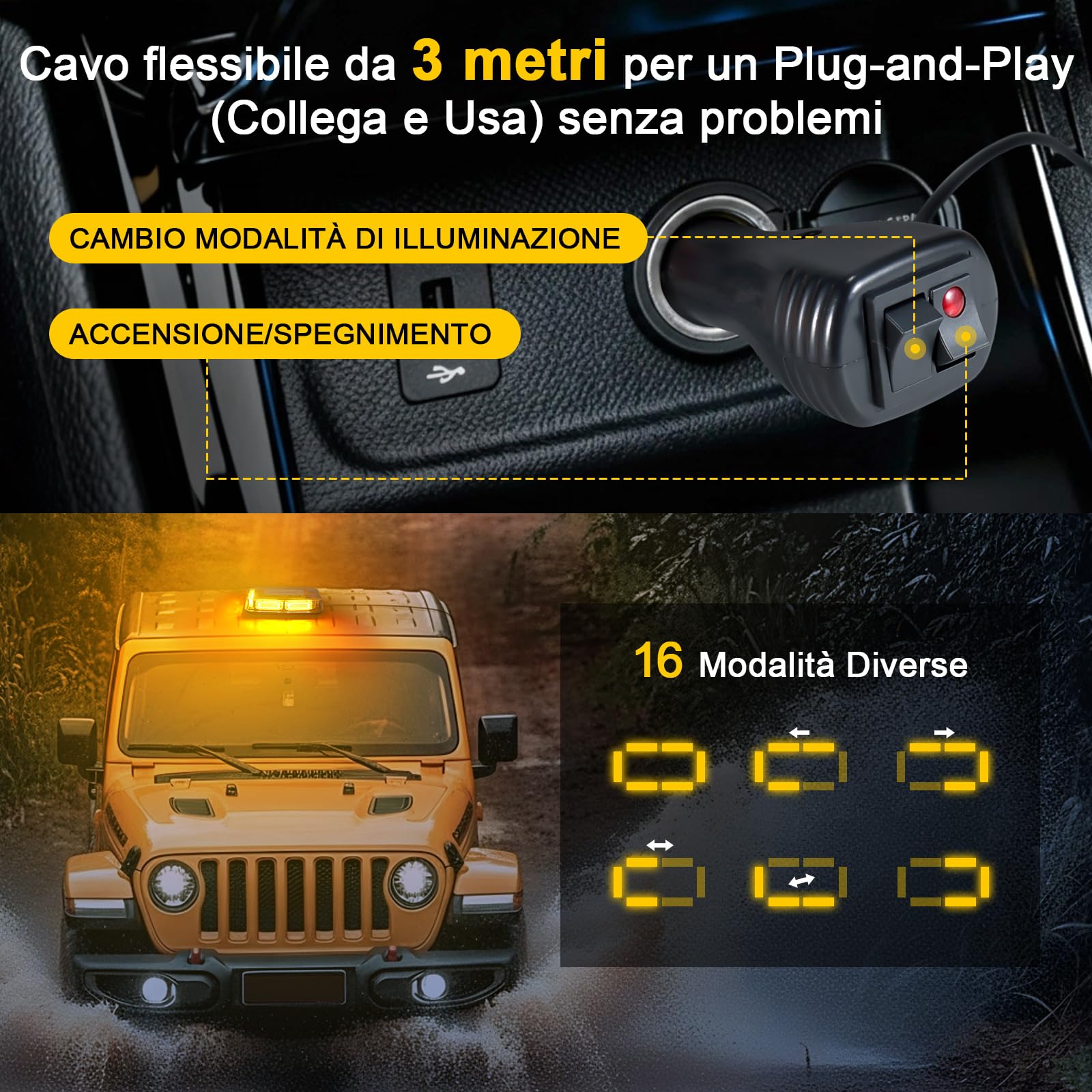 Lampeggiante Arancione a 90 LED con Magnete - Luce di Avvertimento 12V 24V, Cavo da 3 m, Impermeabile IP65, 16 Modalità per Camion, Attrezzature Edili, Agricoltura