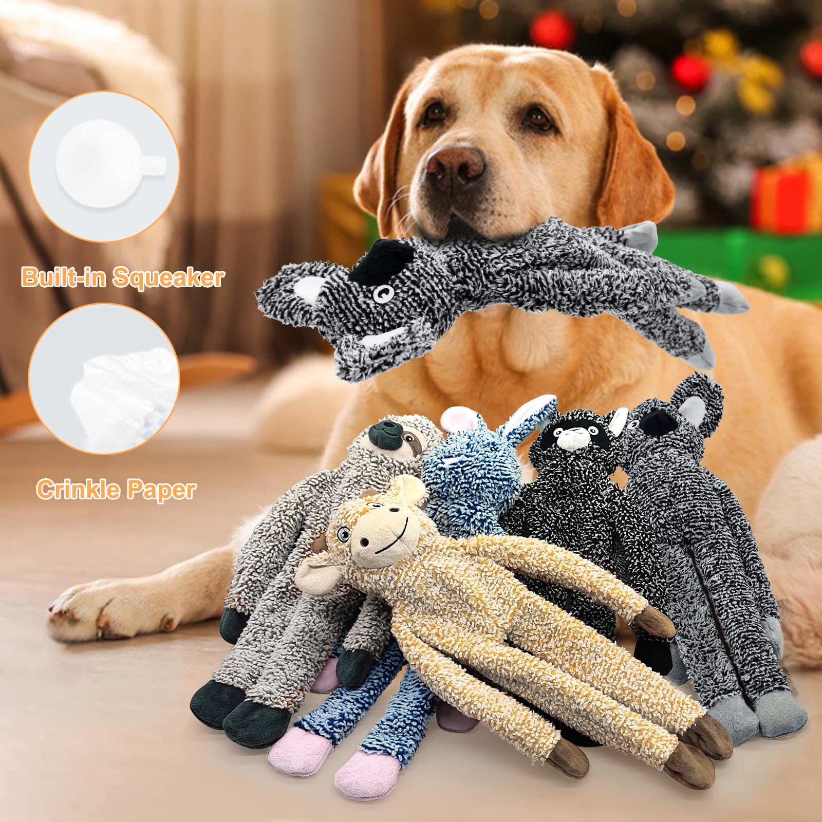 Juguetes para perros grandes sin relleno, paquete de 5 juguetes interactivos de animales chirriantes y arrugados, juguetes de peluche para la dentición para mantenerlos ocupados, bonitos regalos