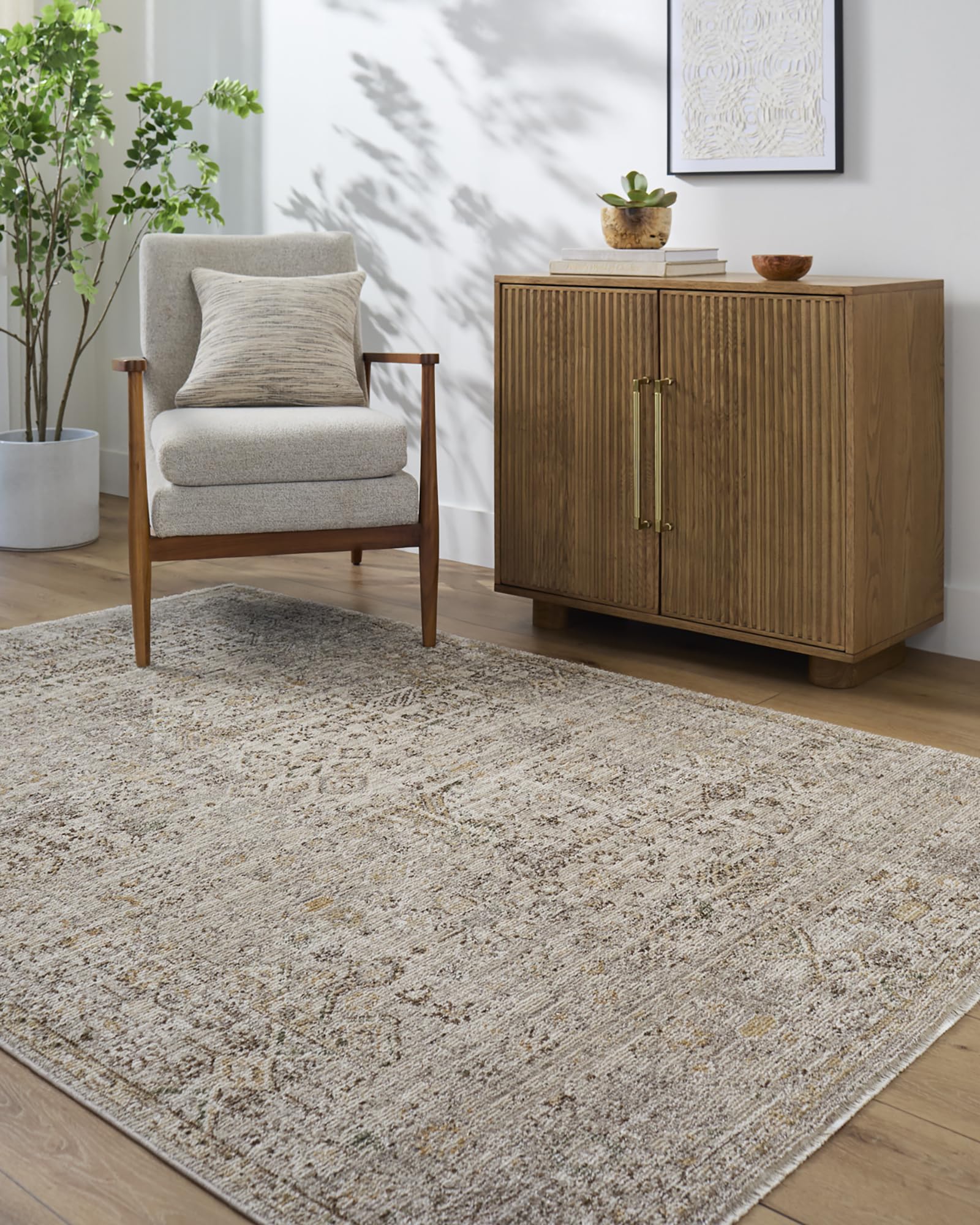 Livabliss x Galey Alix Myrtle Avenue I Vintage Rug 140x200cm – Scandi Boho Carpet | Living Room & Bedroom | Traditional Natural Easy Care – Taupe, Brown & Mustard — image 1