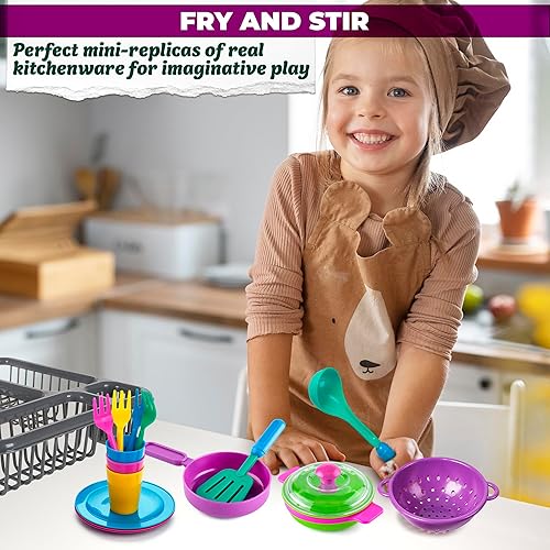Miniatura 7 de Platos de juego para la cocina de los niños – 27 piezas de superficie lisa y coloridos accesorios de cocina para niños al aire libre, detalles