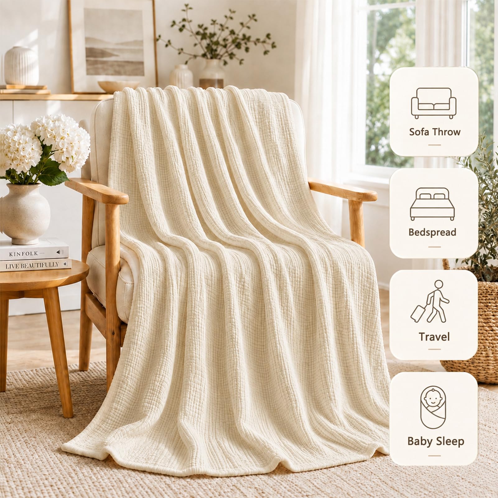 Coperta in mussola, 150 x 200 cm, 6 strati, in 100% cotone, prelavata, morbida e traspirante, leggera coperta estiva per letto e divano (beige chiaro)