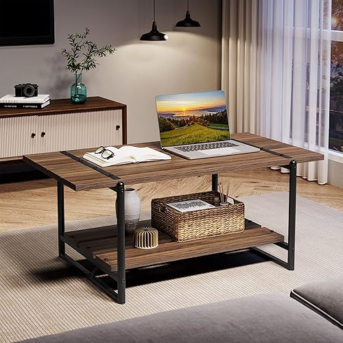 Miniatura 3 de Mesa auxiliar grande de madera gris de 41 pulgadas con estante de almacenamiento, moderna mesa rectangular de metal rústico para sala de estar, mesa