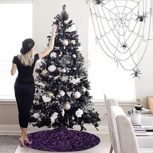 Miniatura 5 de Decoración de falda de árbol de Navidad morada de 46 pulgadas, falda de árbol de Navidad con lentejuelas brillantes, falda de árbol de terciopelo