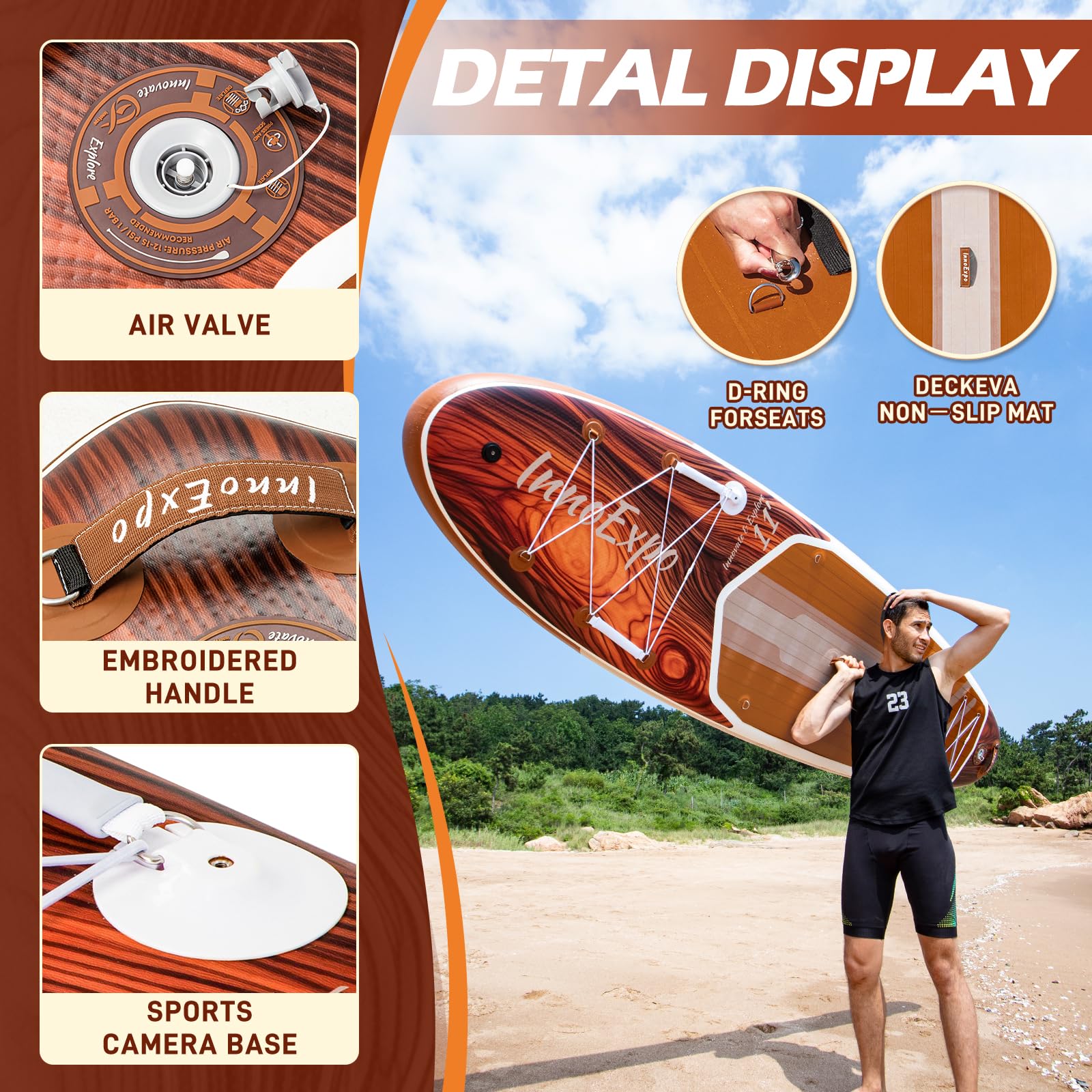 InnoExpo Tablas de remo inflables de 11 pies con accesorios de primera calidad, diseño de tabla de remo SUP ancha y estable, cubierta antideslizante y cómoda para jóvenes y adultos