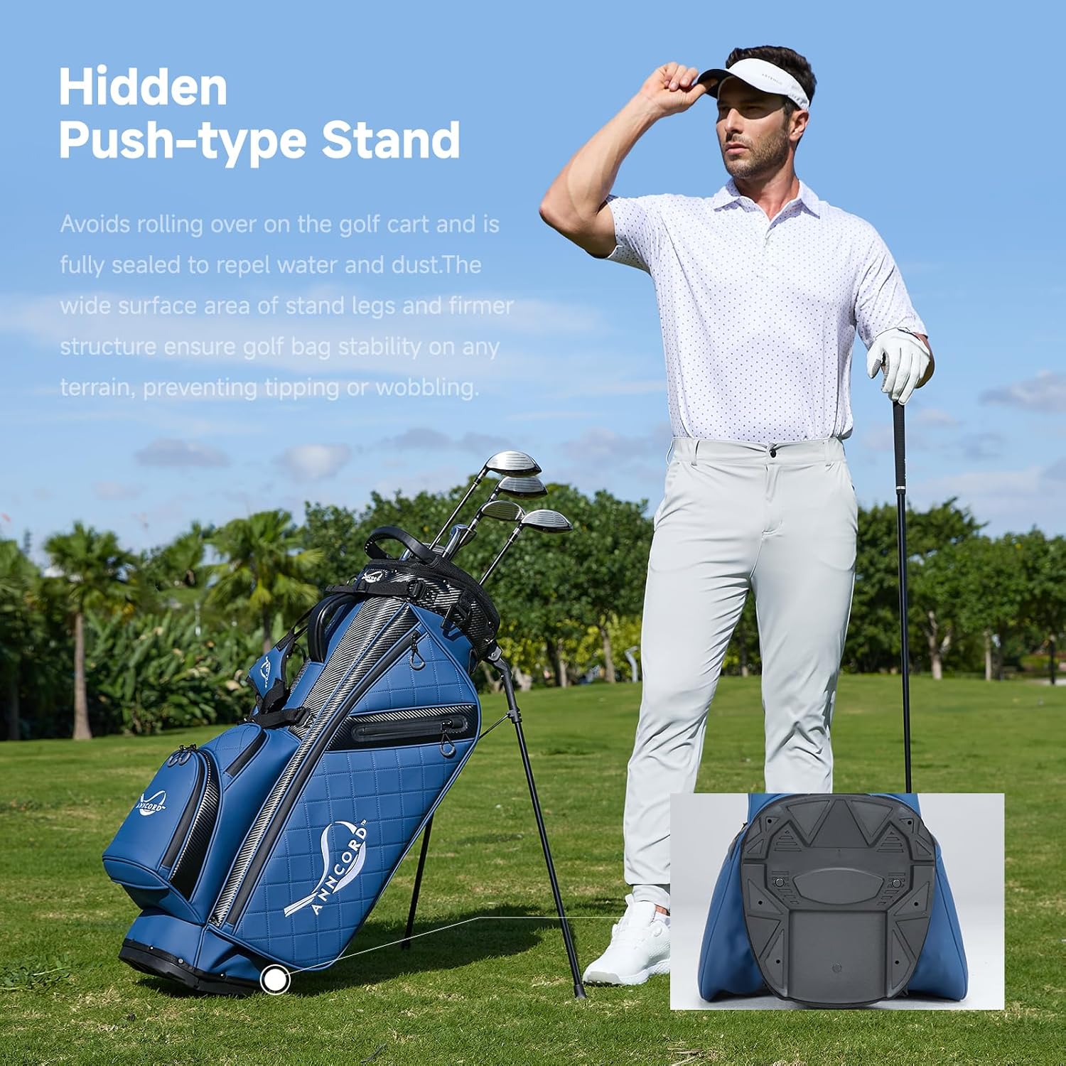 Golf Stand Bag with 14 Way Full Length Dividers, PU Leather Golf Bag for Men, Waterproof Golf Bags with Stand, 6 Pockets & Cooler Pouch, Adjustable Dual Straps, 2 Rain Cover Hood