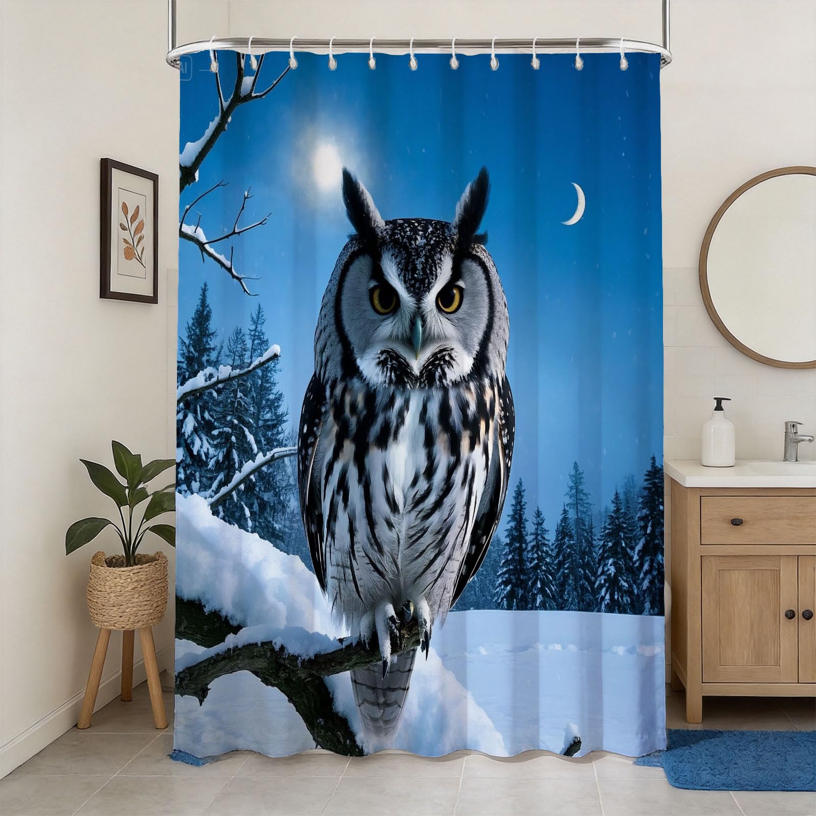 Hongduo 3D Owl Shower Curtain for Stalls Bathtubs Snowy Forest Bathroom Decor Shower Curtain Set Polyester Fabric Waterproof 200x200cm/79X79 Inch with Hooks