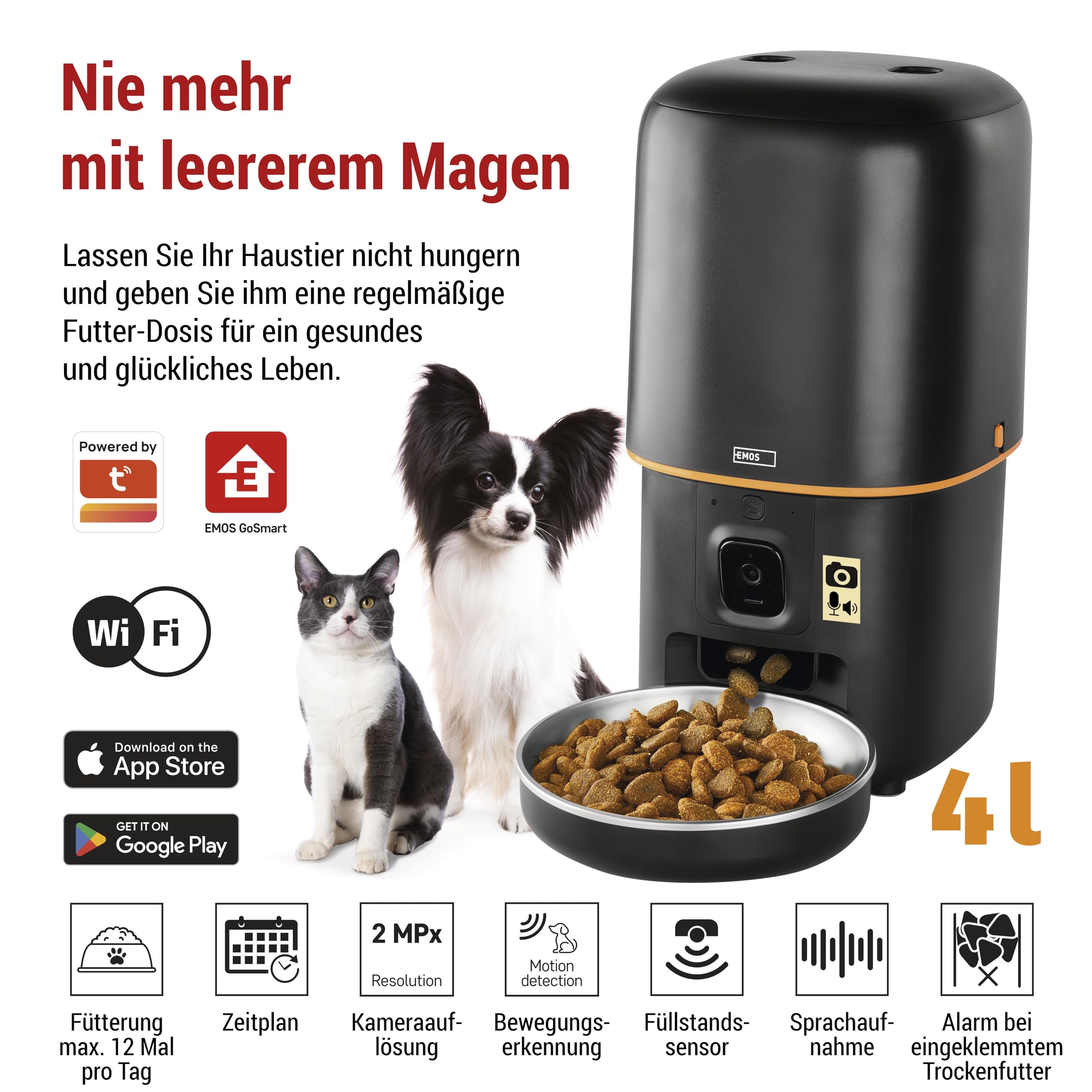 EMOS - GoSmart Mangiatoia automatica da 4 l con fotocamera - Distributore di cibo WLAN Pet Care con app - Cibo secco per gatto e cane con programmazione, registrazione vocale, dosaggio da 1 a 12 pasti
