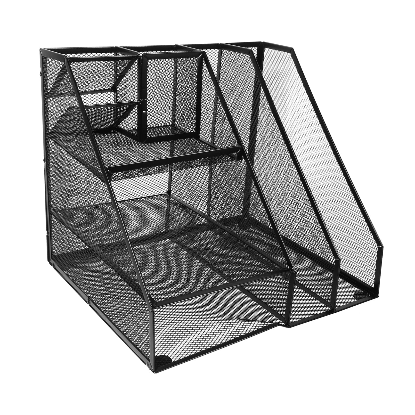 Schwarzer Schreibtisch Aktenhalter aus Eisen mit Großem Stauraum 2 Fächer und 3 Ebenen Linksseitiger Stiftehalter Multifunktionaler Büro Organizer für Office Einsatz