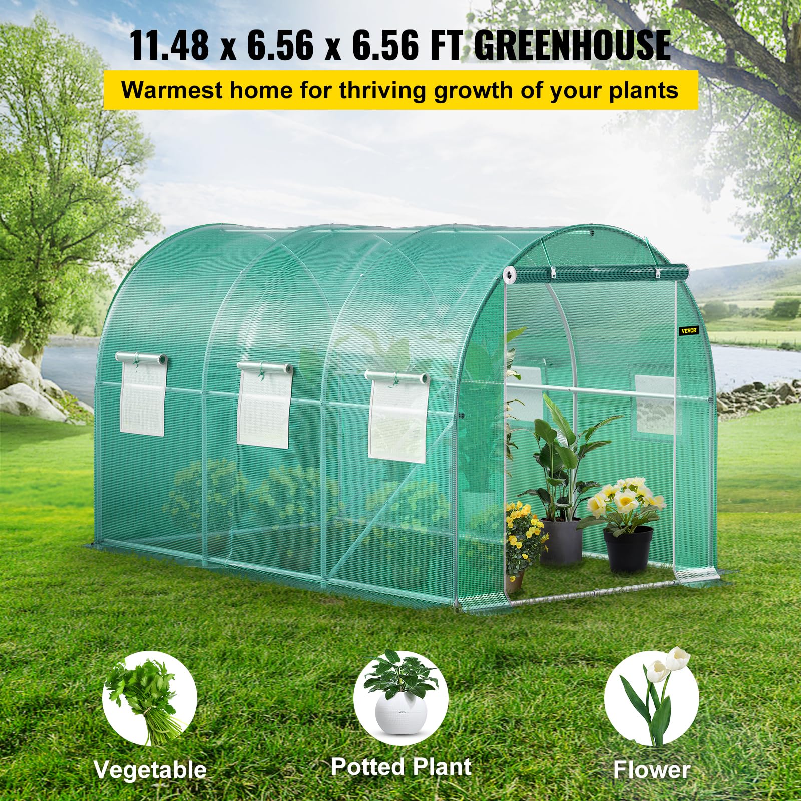 VEVOR Invernadero de Túnel 3,5 x 2 x 2 m Invernadero de Jardín Tipo Túnel con 6 Ventanas de Malla Marco de Acero Invernadero Caseta de Jardín Huerto Blanco para Cultivo de Plantas Flores Verduras