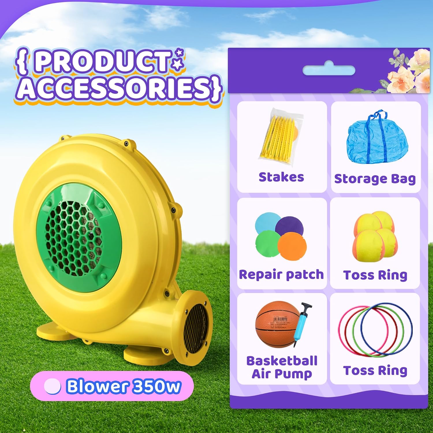 INFLATEFLY Inflatable Bounce House, Kids Slide Bouncy Castle with Blower, Ball Pit, Baskstball Hoop, Toss Ring,Target Game for Party Outdoor Indoor