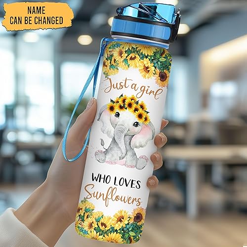 Miniatura 2 de TheSunCozy - Botella de agua motivacional personalizada con texto en inglés "Just A Girl Who Loves Sunflowers", diseño de elefante, 32 onzas, 1