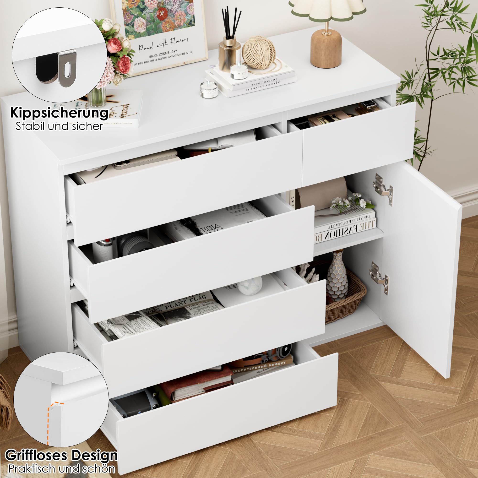 FOREHILL Kommode weiß mit 5 Schubladen und 1 Tür Sideboard 100cm Komodenschrank für Schlafzimmer, Wohnzimmer, Arbeitszimmer, Flur Schubladenschrank 100x40x80cm