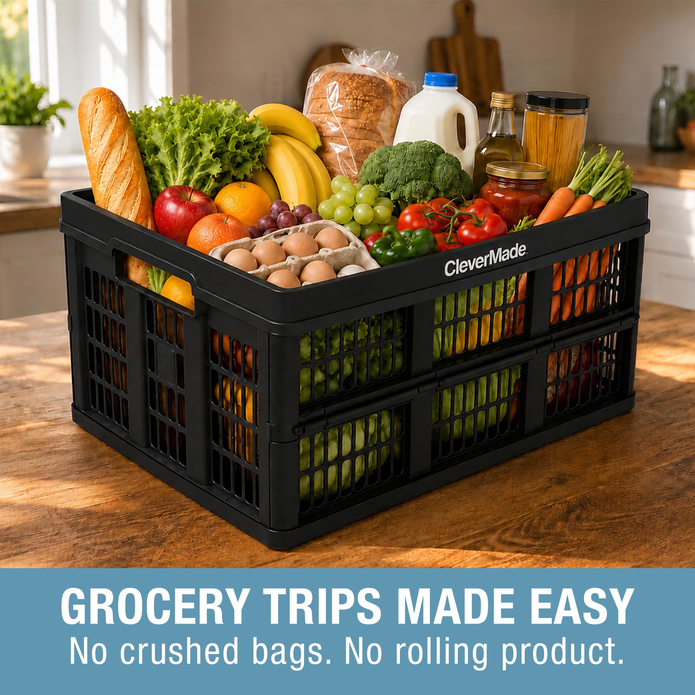 CleverMade Collapsible Utility Crates-Obsidian 3pck 45L / 11 Gal holds 66 lbs - Stackable Containers Heavy Duty Capacity Crates Space-Saving Baskets