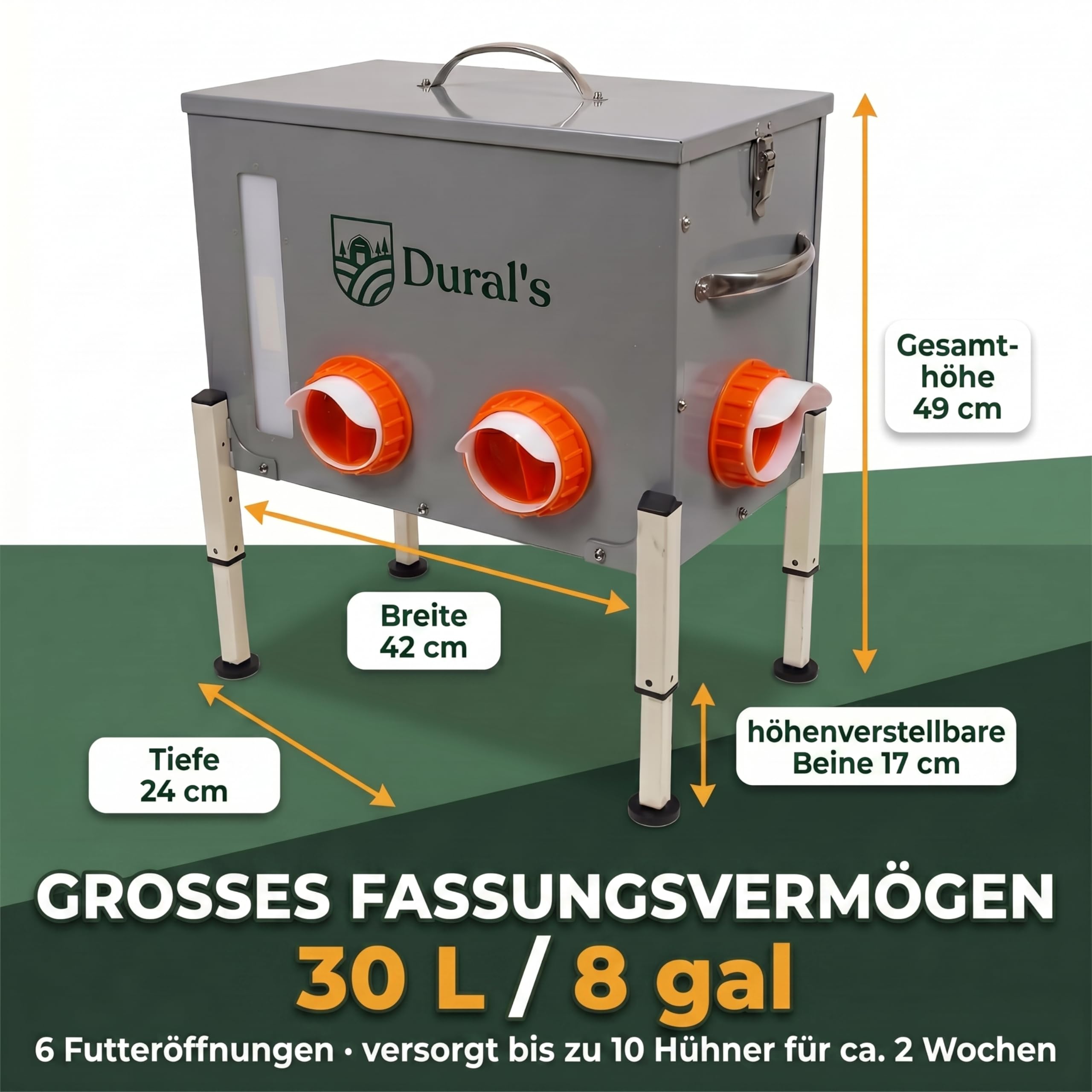 Dural's® Futterautomat Hühner Rattensicher 18 kg – Großer Hühner Futterspender & Futtertrog aus verzinktem Stahl, 6 Futteröffnungen & Füllstandsfenster – Geflügel, höhenverstellbare Beine