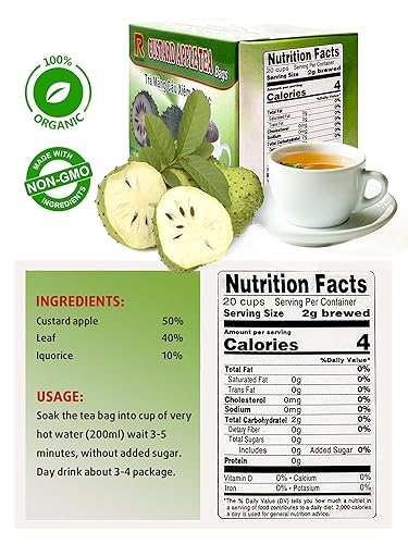 Miniatura 2 de 20 bolsas de té de hoja de guanábana y manzana natillas de primera calidad, 100% hojas puras de té de hierbas (20 bolsitas de té)